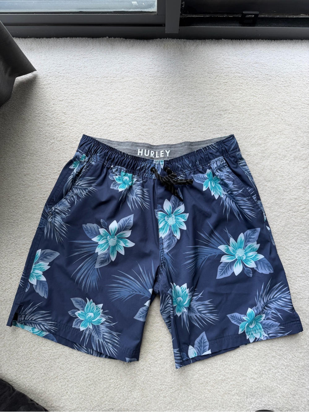 Hurley Navy Blue Floral Hybrid Shorts with Teal Accents